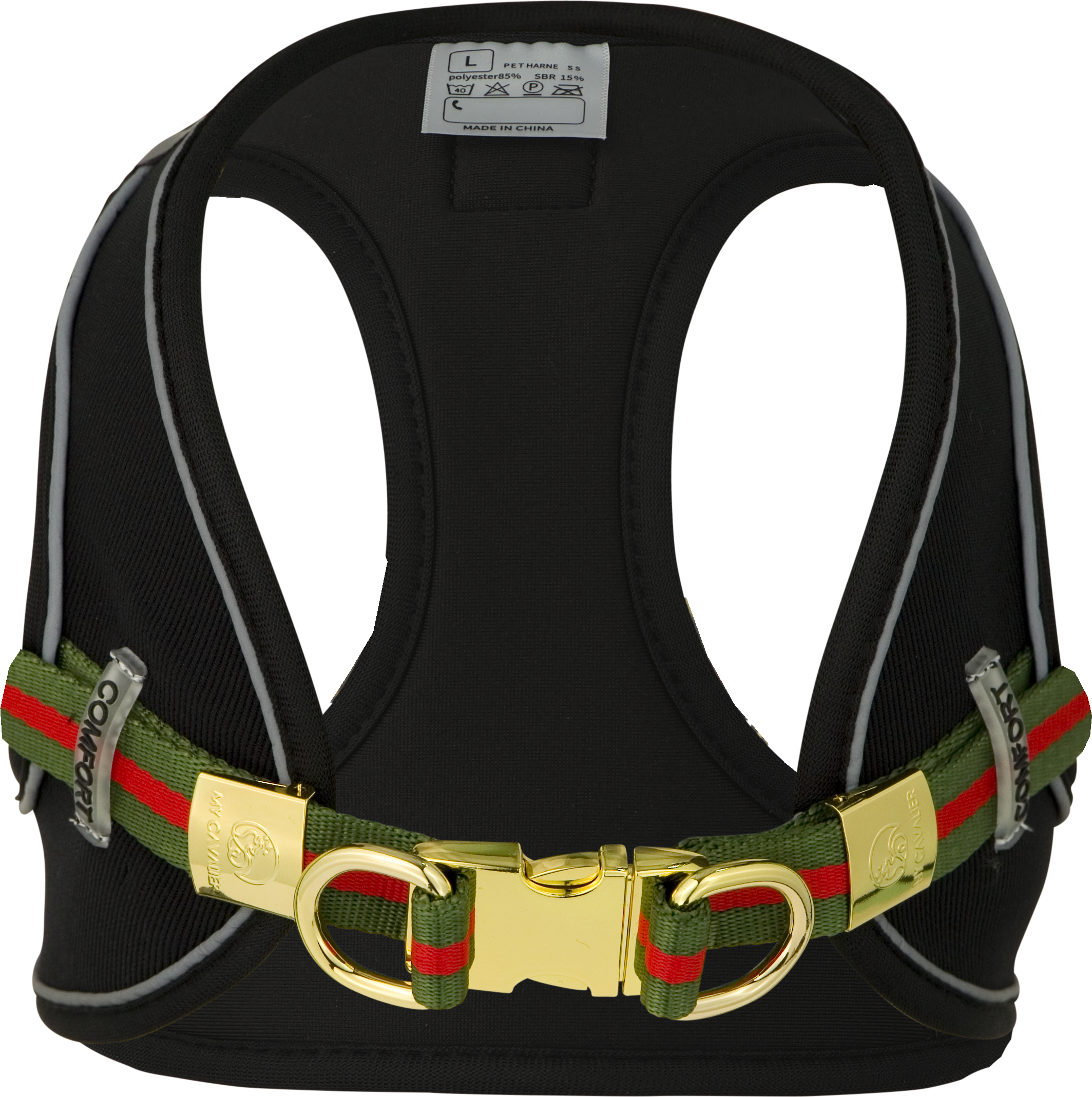 Harness Lux dog harness featuring soft neoprene padding, adjustable straps, and reflectors for safety, designed for comfort and style.